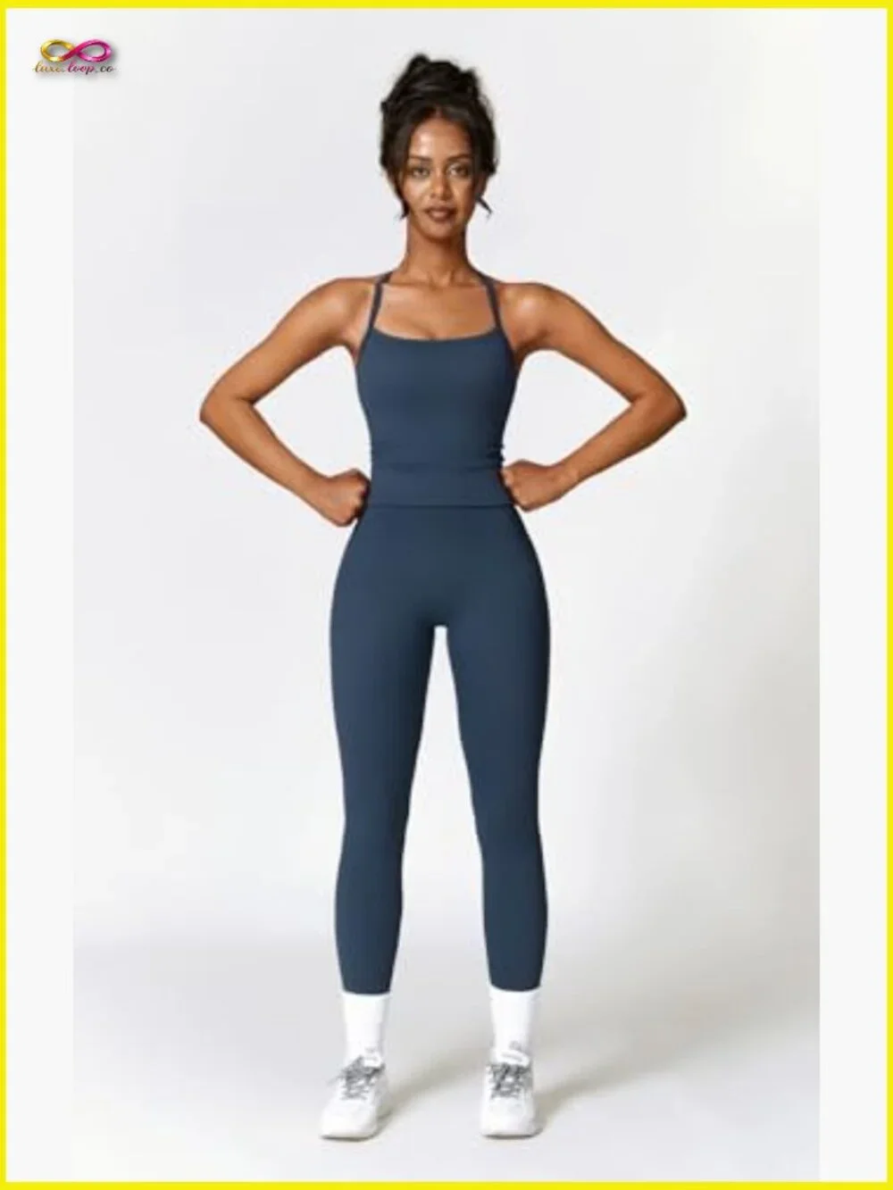 Two Piece Workout Set Cross Back Tank Top High Waist Leggings Gym Outfits - Picture 6 of 7